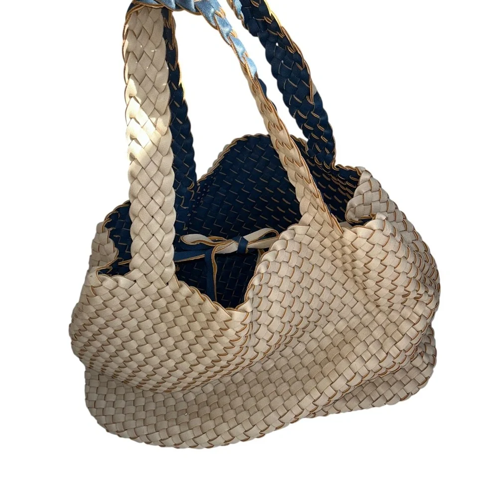 Blue bone khaki vegan leather all basket weave woven tote bag purse 40x12